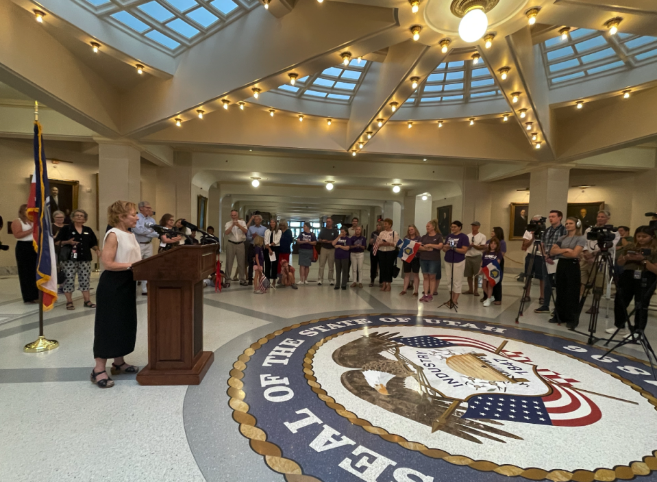  Catherine Weller (left), past president and redistricting liaison for the League of Women Voters of Utah, speaks during a press conference at the Utah Capitol on July 11, 2024. (Katie McKellar / Utah News Dispatch)