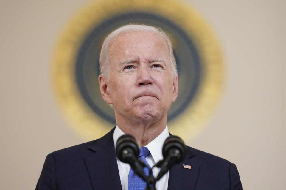 FILE - President Joe Biden speaks at the White House in Washington, Friday, June 24, 2022, after the Supreme Court overturned Roe v. Wade. One year ago, the U.S. Supreme Court rescinded a five-decade-old right to abortion, prompting a seismic shift in debates about politics, values, freedom and fairness. (AP Photo/Andrew Harnik, File)