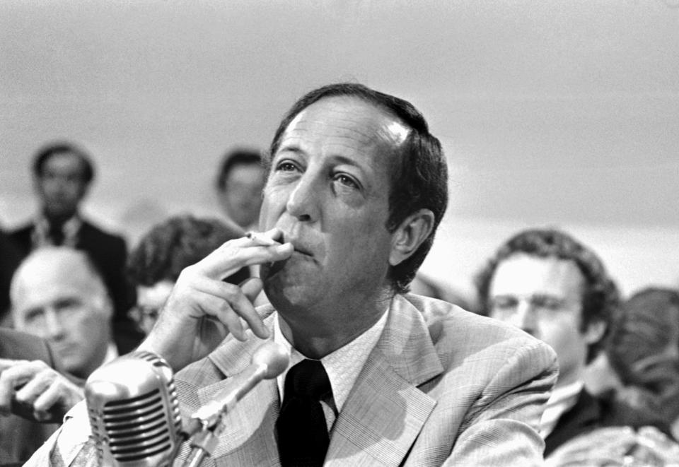 FILE - In this Sept. 7, 1973, file photo, NFL Commissioner Pete Rozelle appears before the House Communications Subcommittee on Capitol Hill In Washington. Rozelle was a visionary but no one knows if he could have seen the league turn into a financial juggernaut that has its own network and countless hours of programming per week dedicated to what is happening on and off the field. (AP Photo/File)