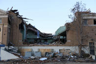 An interior section of the First Christian Church building in Mayfield, Ky., on Jan. 9, 2022, is exposed from structural damage caused by a tornado on Dec. 10, 2021. (AP Photo/Audrey Jackson)