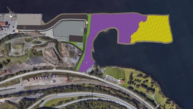 The Halifax Port Authority has been infilling part of the Bedford Basin since 2012. The purple area has already been filled in, while the yellow represents area that has yet to be filled. (Halifax Port Authority - image credit)