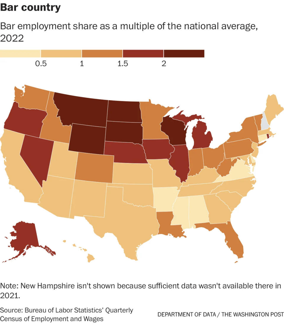 Bar employment share as a multiple of the national average, 2022