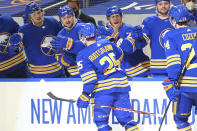 Buffalo Sabres forward Arttu Ruotsalainen (25) celebrates his goal during the first period of an NHL hockey game against the Pittsburgh Penguins, Sunday, April 18, 2021, in Buffalo, N.Y. (AP Photo/Jeffrey T. Barnes)