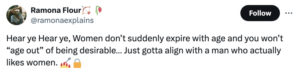 Tweet text: Advocating for valuing women regardless of age, emphasizing compatibility over societal norms