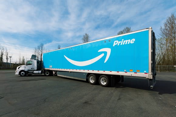 A truck trailer with the Amazon Prime logo.