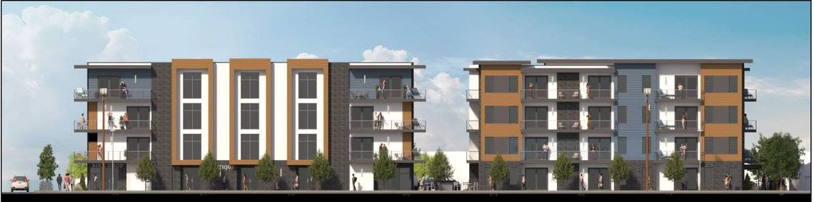 Vera Development proposed to build Fargo 41, an apartment project consisting of two, four-story, wood-framed buildings to include 30 residential units and 3 retail storefronts within a modern architectural design, as well as a ground level public plaza space with outdoor seating. This architect’s rendering is the front view along State Street.