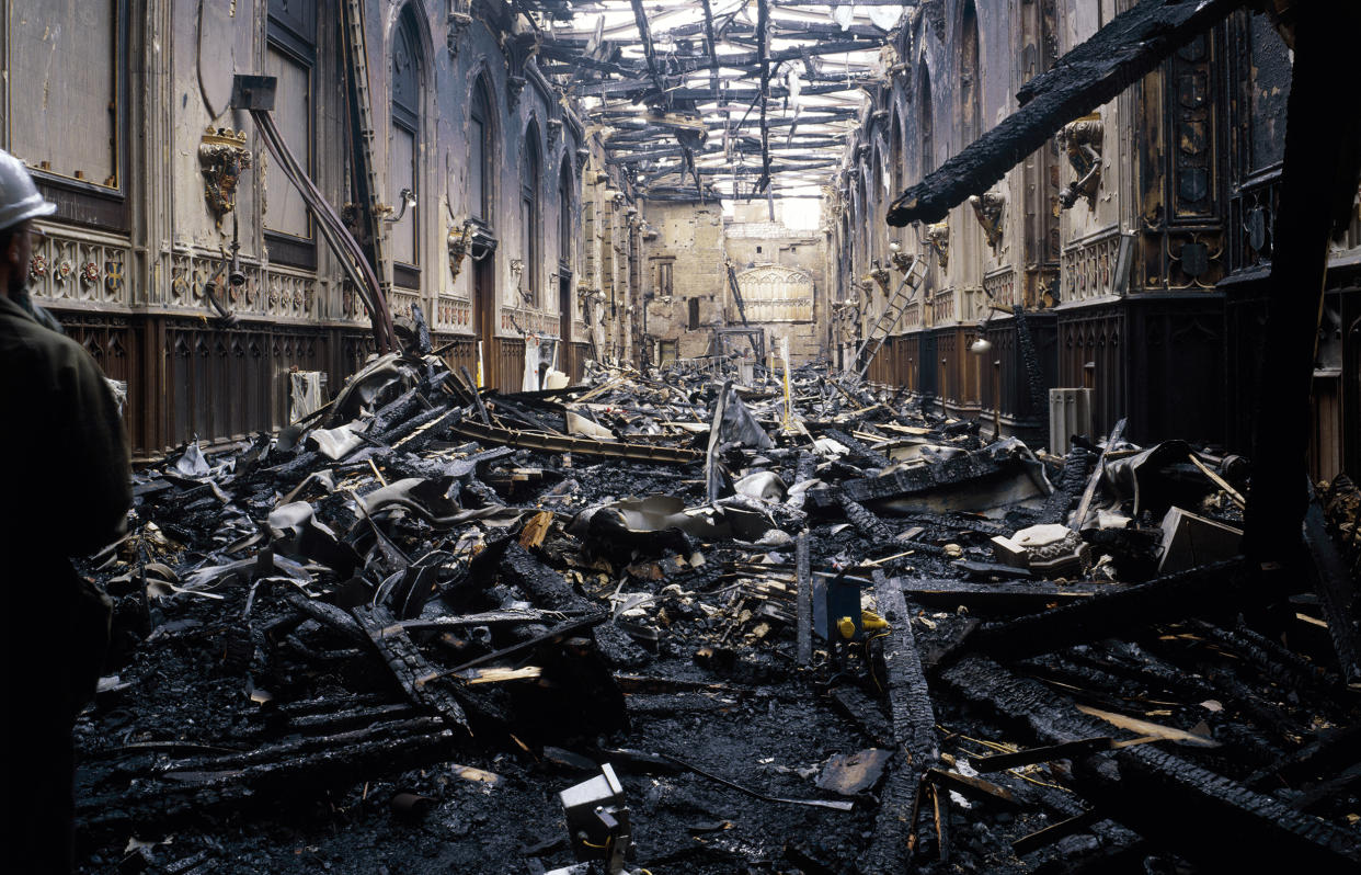 Fire damage at St George's Hall, Windsor Castle, Windsor, Berkshire, 1992. (Heritage Images via Getty Images)