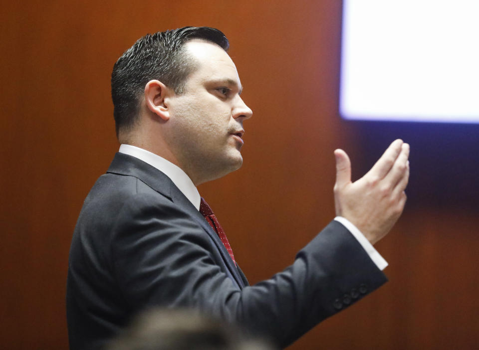 Poweshiek County Attorney Bart Klaver makes his opening statement during the trial of Cristhian Bahena Rivera at the Scott County Courthouse in Davenport, Iowa, on Wednesday, May 19, 2021. Rivera is charged with first-degree in the death of Mollie Tibbetts. (Jim Slosiarek/The Gazette via AP, Pool)