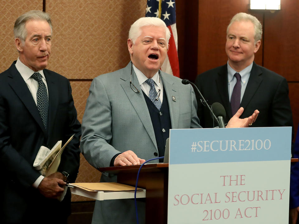 WASHINGTON, DC - JANUARY 30: Rep. John Larson (D-CT) (C) speaks while is flanked by Sens. Chris Van Hollen (D-MD)(R) and Ways and Means Chairman Richard Neal (D-MA), during an event to introduce legislation called the Social Security 2100 Act. which would increase increase benefits and strengthen the fund, during a news conference on Capitol Hill January 30, 2019 in Washington, DC.  (Photo by Mark Wilson/Getty Images)