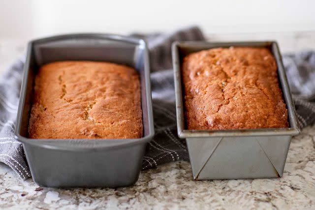 <p>Simply Recipes / Alison Conklin</p> The pan on the left is 8 1/2x4 1/2 inches, while the one on the right is 8x4 inches. You can see the difference in batches of the same banana bread recipe baked in each.