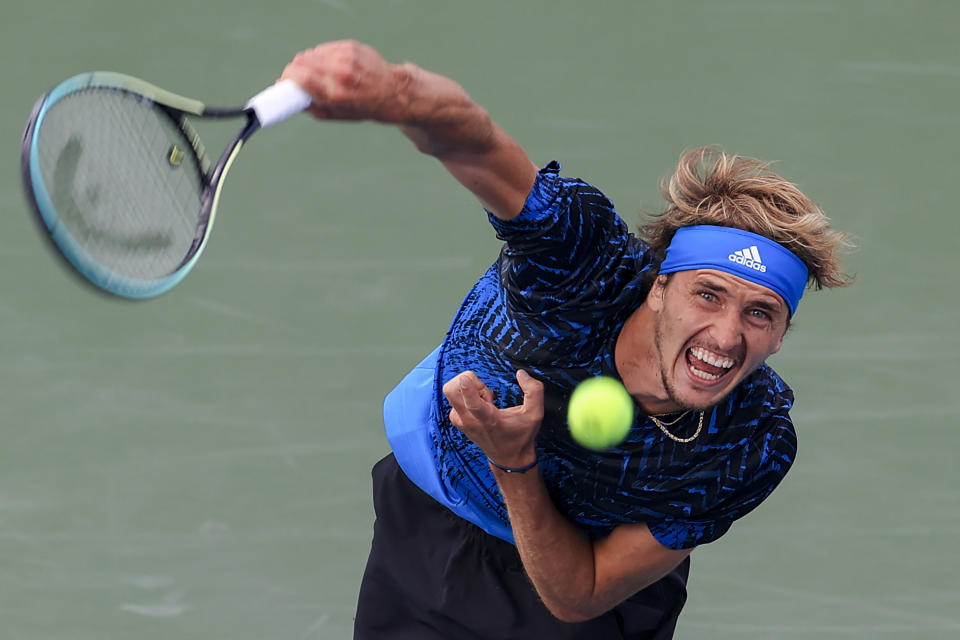 FILE - Alexander Zverev, of Germany, serves to Andrey Rublev, of Russia, during the men's single final of the Western & Southern Open tennis tournament in Mason, Ohio, in this Sunday, Aug. 22, 2021, file photo. Zverev is seeded for the U.S. Open, the year's last Grand Slam tennis tournament. Play in the main draw begins in New York on Monday, Aug. 30. (AP Photo/Aaron Doster, File)