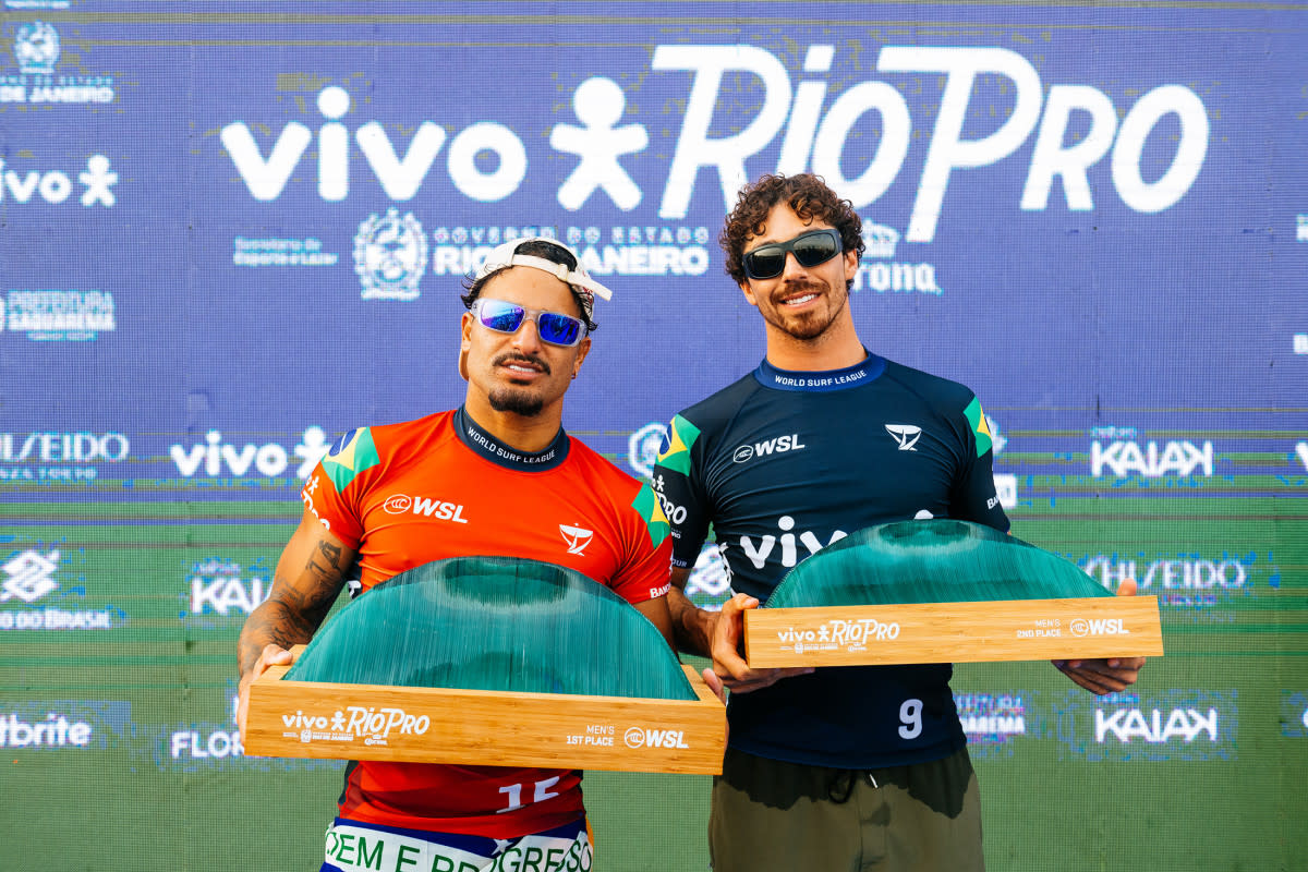 WSL Champion Italo Ferreira and Yago Dora after the Final at the VIVO Rio Pro on June 28, 2024 at Saquarema in Brazil.<p>Diz/WSL via Getty</p>