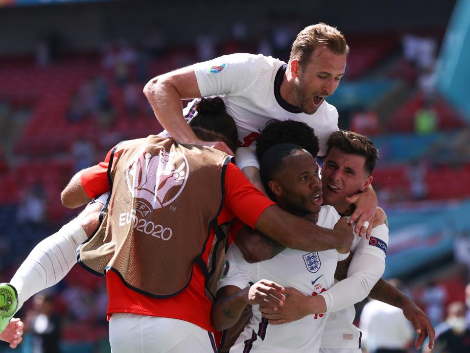 England striker Harry Kane celebrates Raheem Sterling’s goal vs Croatia (The FA via Getty Images)