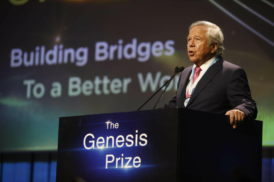 New England Patriots owner Robert Kraft, speaks after receiving Genesis Prize in Jerusalem, Thursday, June 20, 2019. Israel honored Kraft with the 2019 Genesis Prize for his philanthropy and commitment to combatting anti-Semitism. (AP Photo/Sebastian Scheiner)