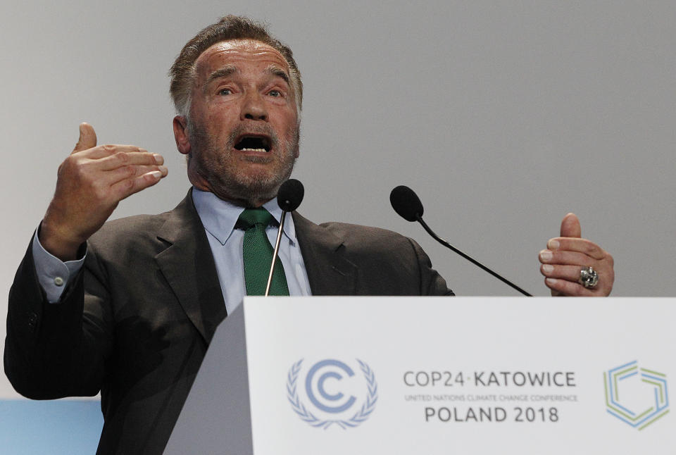 Actor Arnold Schwarzenegger delivers a speech during the opening of COP24 UN Climate Change Conference 2018 in Katowice, Poland, Monday, Dec. 3, 2018.(AP Photo/Czarek Sokolowski)