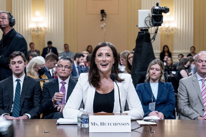 Cassidy Hutchinson, top former aide to Trump White House chief of staff Mark Meadows, testifies during the sixth hearing by the House Select Committee to Investigate the January 6th Attack on the US Capitol, in Washington, DC, on June 28, 2022. (Photo by Andrew Harnik / POOL / AFP) (Photo by ANDREW HARNIK/POOL/AFP via Getty Images)