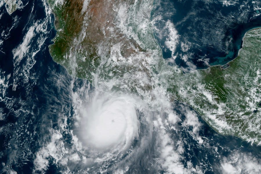 This satellite image provided by NOAA on Tuesday, Oct. 24, 2023, shows Hurricane Otis approaching Mexico’s Pacific coast near Acapulco. Otis is forecast to make landfall early Wednesday and there is a hurricane warning in effect from Punta Maldonado to Zihuatanejo. (NOAA via AP)