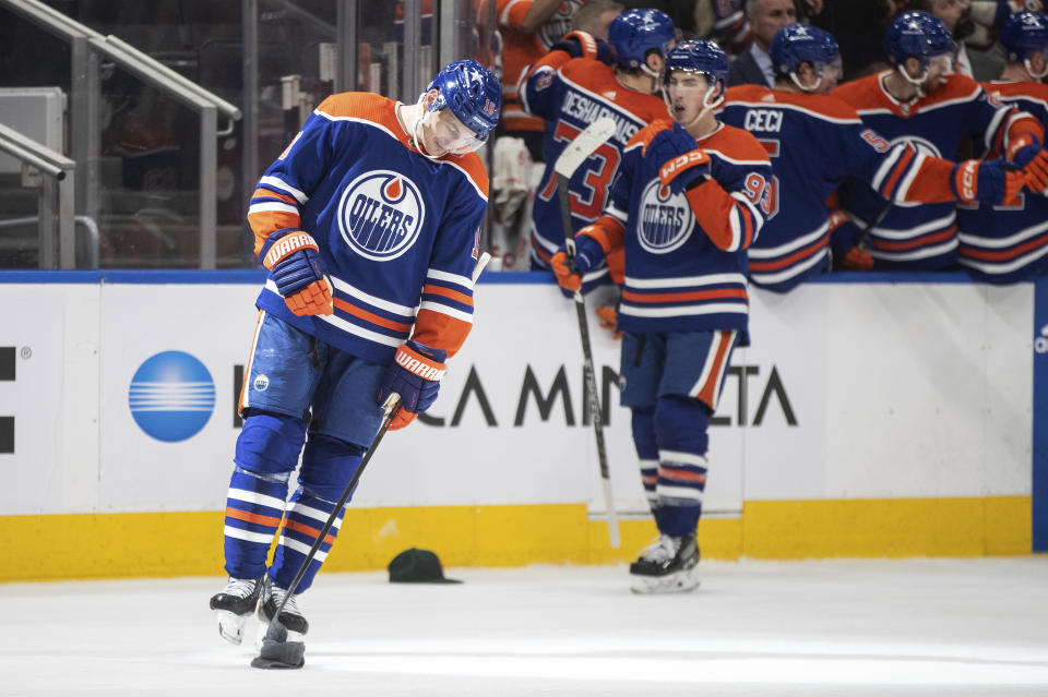 Edmonton Oilers' Zach Hyman (18) celebrates his goal against the Ottawa Senators during the third period of an NHL hockey game Saturday, Jan. 6, 2024, in Edmonton, Alberta. (Jason Franson/The Canadian Press via AP)