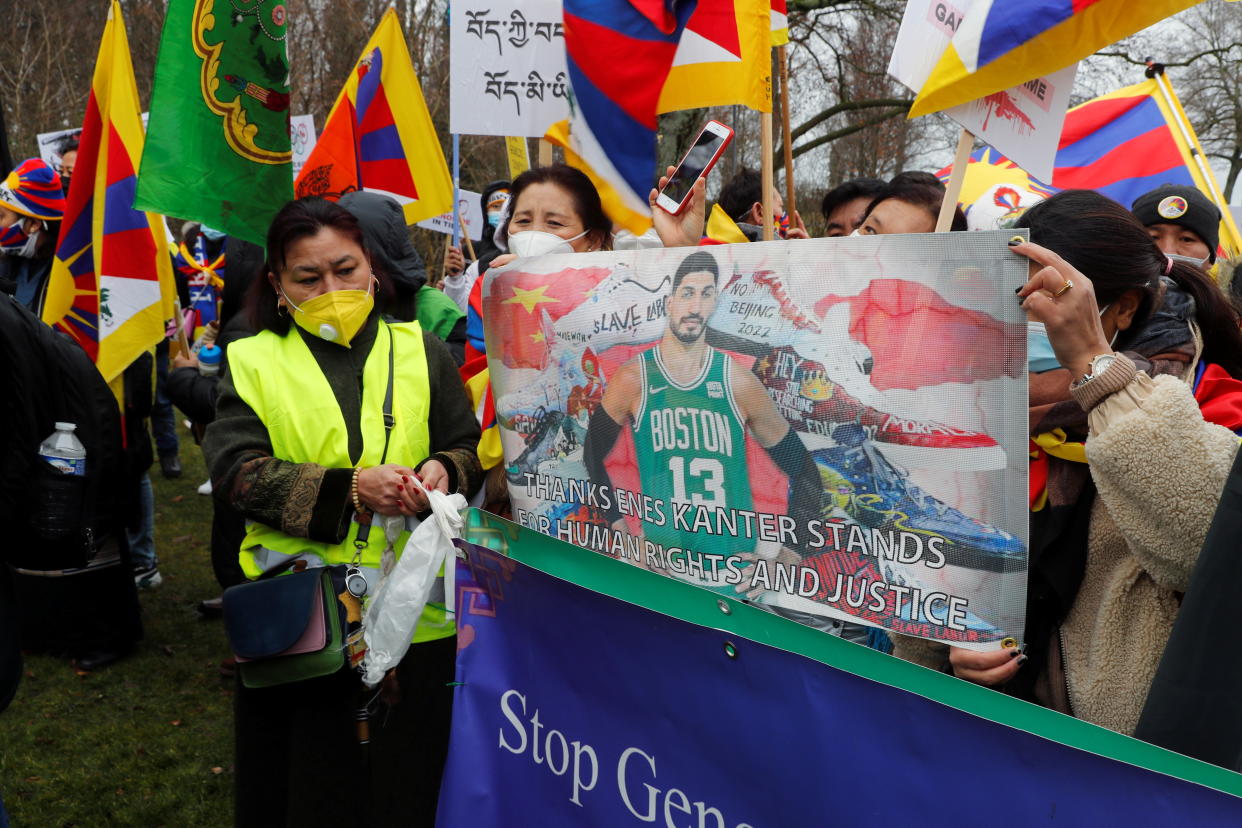 Members of Tibetan communities living in Europe show their appreciation for activist Enes Kanter Freedom.
