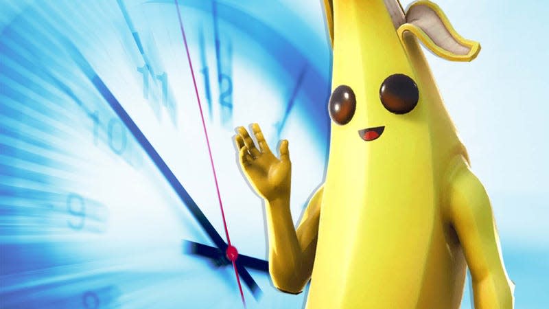 An image shows Peely from Fortnite waving in front of a blurred clock. 