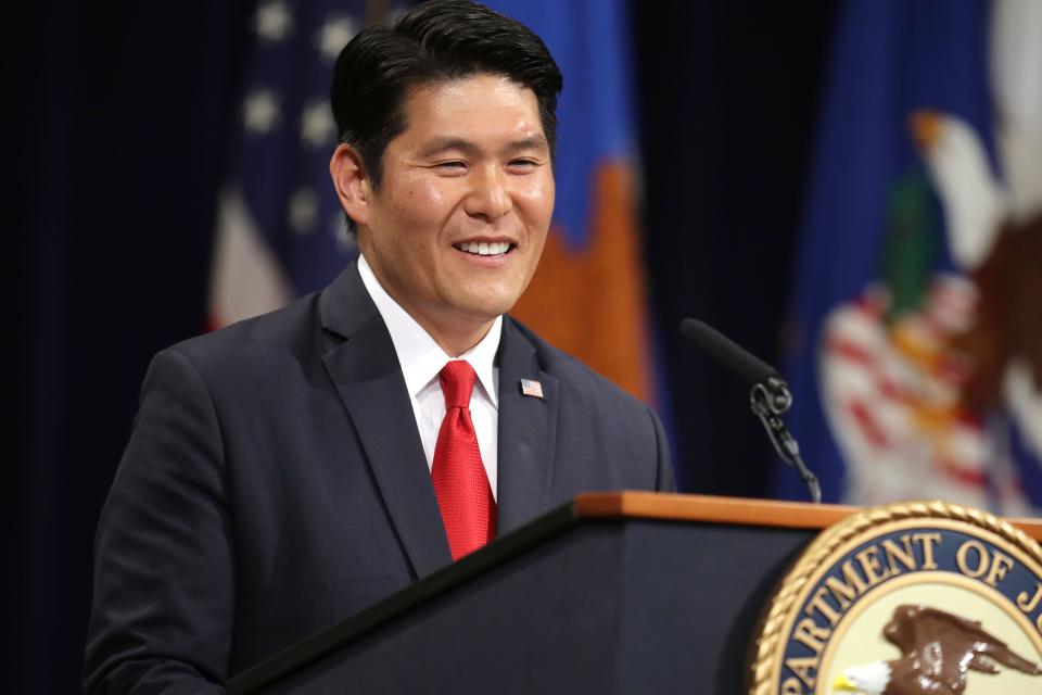 Robert Hur, then-U.S. Attorney for Maryland 2019, speaks at a ceremony in Washington, D.C. Attorney General Merrick Garland tapped him Thursday to lead a probe into the handling of classified documents found at President Joe Biden's Delaware garage and Washington office.