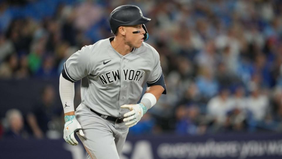 May 15, 2023; Toronto, Ontario, CAN; New York Yankees right fielder Aaron Judge (99) reacts after hitting a home run against the Toronto Blue Jays during the eighth inning at Rogers Centre.