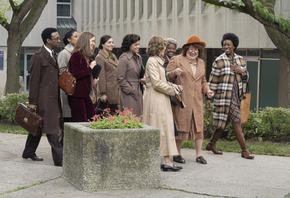 Rose Byrne as Gloria Steinem, left, Andrea Navedo as Carmen Delgado Votaw, Elizabeth Banks as Jill Ruckelshaus, Margo Martindale as Bella Abzug, Melissa Joyner as Audrey Rowe Colom in the "Reagan" episode of "Mrs. America." CR: Sabrina Lantos/FX