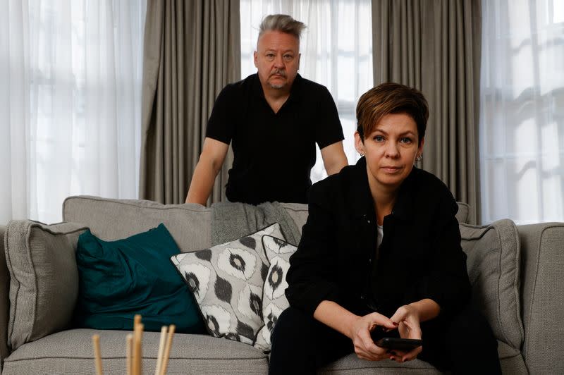 Kaliada and Khalezin of Belarus Free Theatre pose for a photograph in their apartment in London