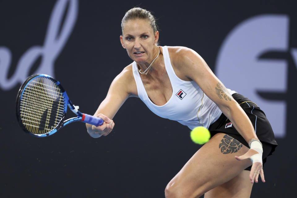 Karolina Pliskova of the Czech Republic plays a shot in her match against Naomi Osaka of Japan during the Brisbane International tennis tournament in Brisbane, Australia, Wednesday, Jan. 3, 2024. (AP Photo/Tertius Pickard)