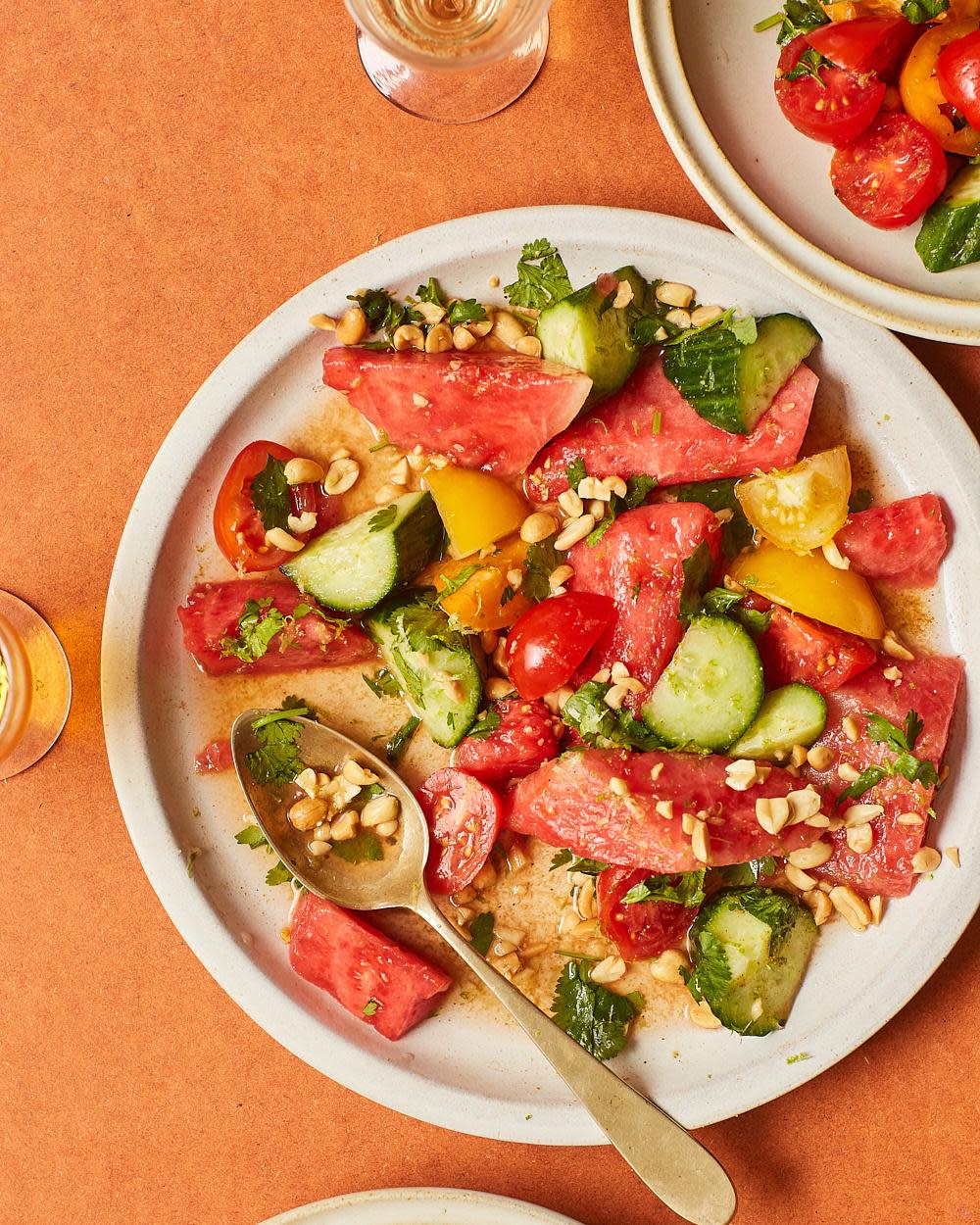 <span>Rukmini Iyer’s chaat masala with spiced watermelon, tomato and cucumber salad.</span><span>Photograph: Lizzie Mayson/The Guardian. Food and prop styling: Kitty Coles. Food assistant: Immy Mucklow.</span>