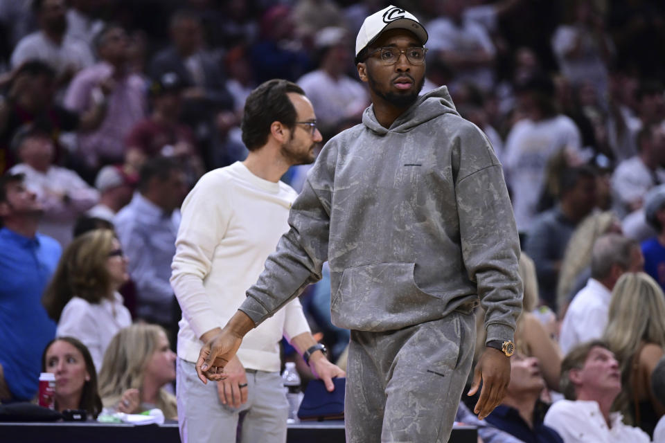 Cleveland Cavaliers guard Donovan Mitchell looks on during the the first half of Game 4 of an NBA basketball second-round playoff series against the Boston Celtics, Monday, May 13, 2024, in Cleveland. (AP Photo/David Dermer)