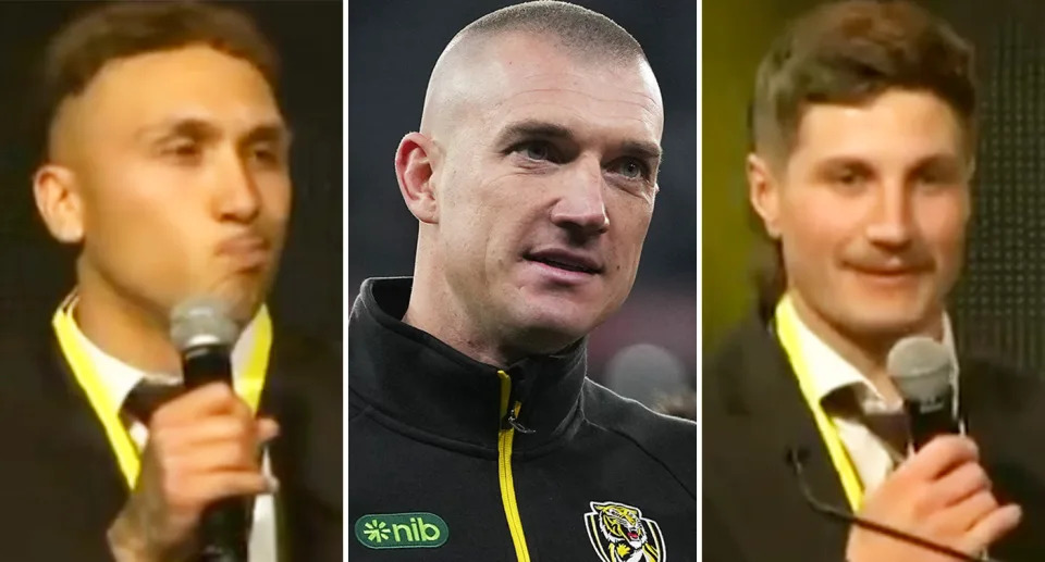 Dustin Martin shut down suggestions that he is considering coming out of retirement as two of his Tigers teammates delivered questionable farewell speeches. Image: X/Getty/X