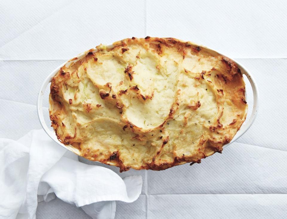 Fish Pie with Potatoes, Leeks, Zucchini, and Tomatoes