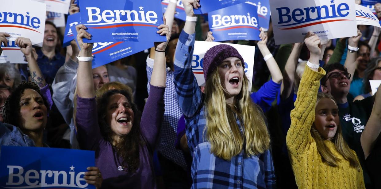 <span class="caption">Not all of Bernie Sanders' young supporters are showing up at the polls.</span> <span class="attribution"><a class="link " href="http://www.apimages.com/metadata/Index/Election-2020-Bernie-Sanders/d3c4c29a32b24c72be94d55489fd3e42/6/0" rel="nofollow noopener" target="_blank" data-ylk="slk:AP Photo/Matt Rourke;elm:context_link;itc:0;sec:content-canvas">AP Photo/Matt Rourke</a></span>