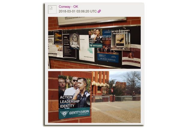 "Conway" posted photos of Identity Evropa propaganda he claimed to have placed on universities across Oklahoma. <span class="copyright">Courtesy Unicorn Riot</span>