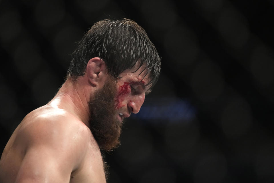 Magomed Ankalaev stands during a UFC 282 mixed martial arts light heavyweight title bout against Jan Blachowicz, Saturday, Dec. 10, 2022, in Las Vegas. (AP Photo/John Locher)