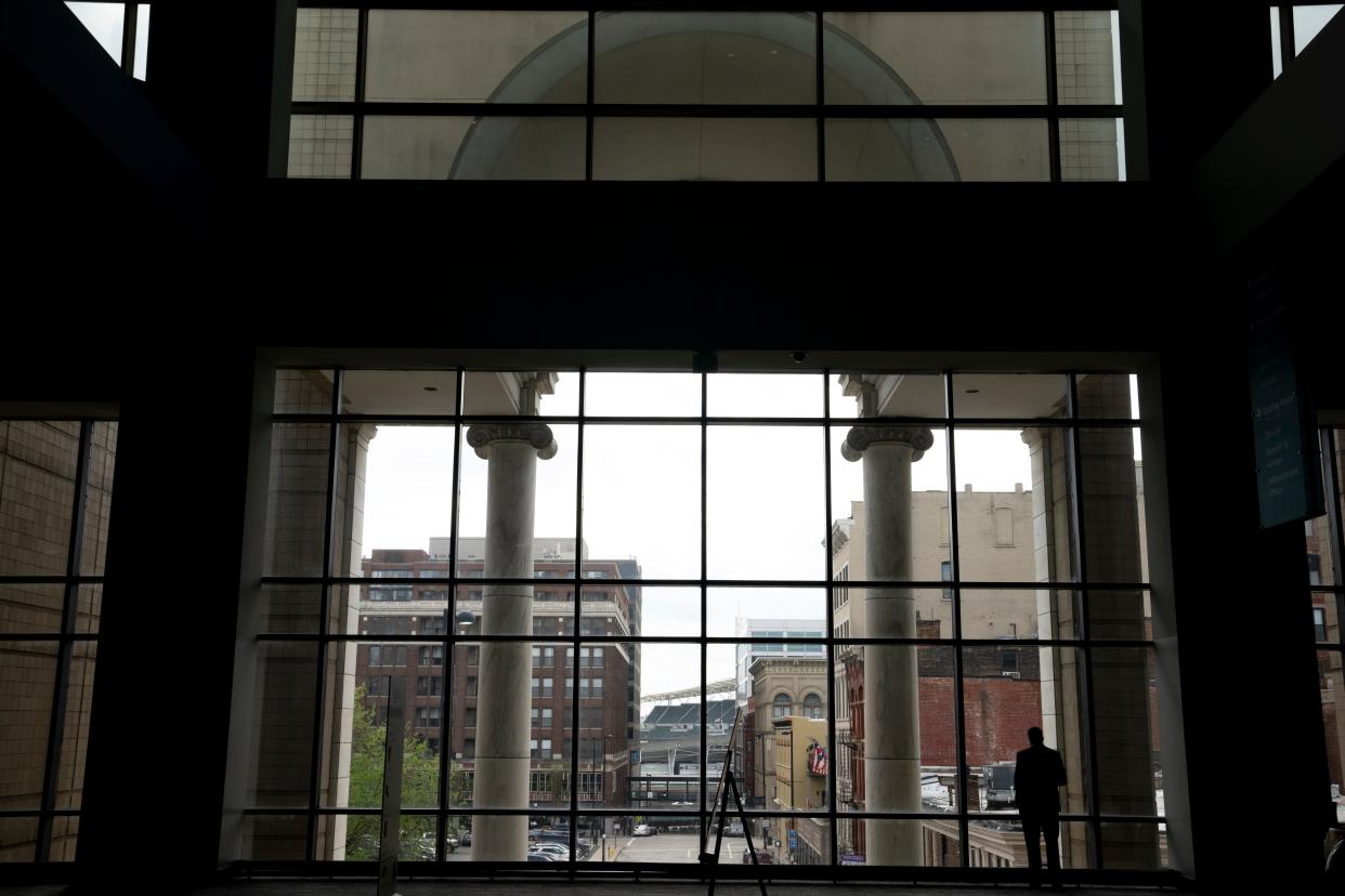 A view of the Albee Theater arch from inside the Duke Energy Convention Center in Cincinnati on Wednesday, April 17, 2024.