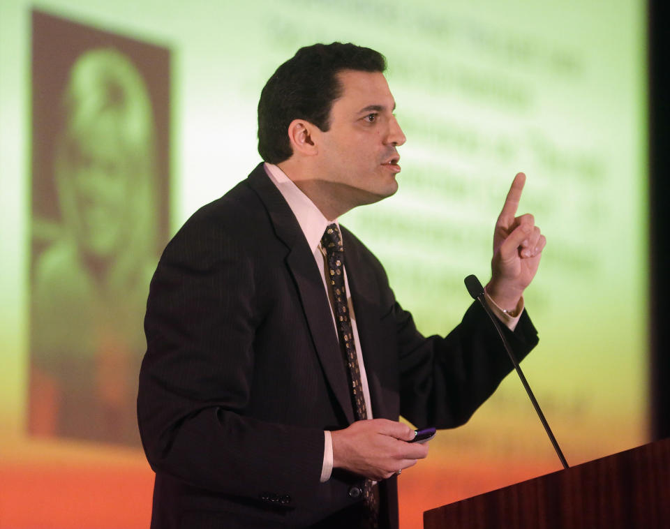 David Silverman, president of the American Atheists, addresses the American Atheists National Convention in Salt Lake City on Friday, April 18, 2014. In an effort to raise awareness and attract new members, the organization is holding their national conference over Easter weekend in the home of The Church of Jesus Christ of Latter-day Saints. (AP Photo/Rick Bowmer)