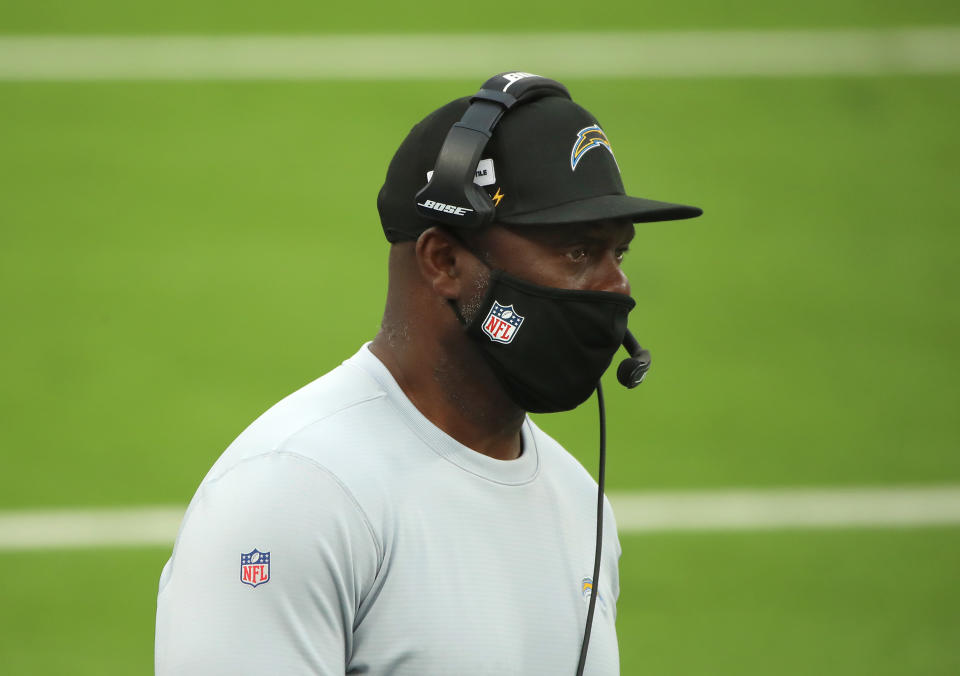 Head coach Anthony Lynn of the Los Angeles Chargers looks on from the side line during the first half of the game against the New England Patriots at SoFi Stadium on December 06, 2020 in Inglewood, California. (Photo by Katelyn Mulcahy/Getty Images)