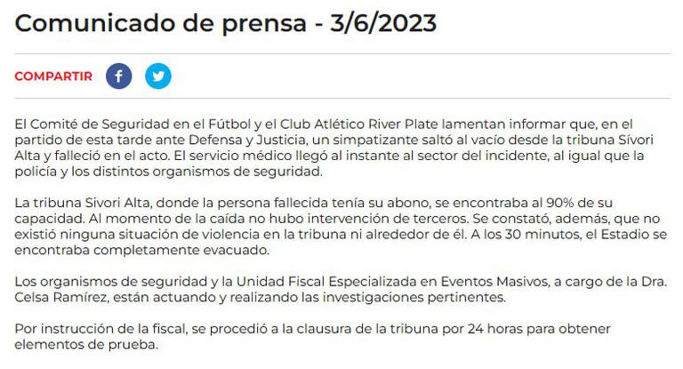 El comunicado oficial de River tras el fallecimiento de un hincha y la suspensión del partido contra Defensa y Justicia