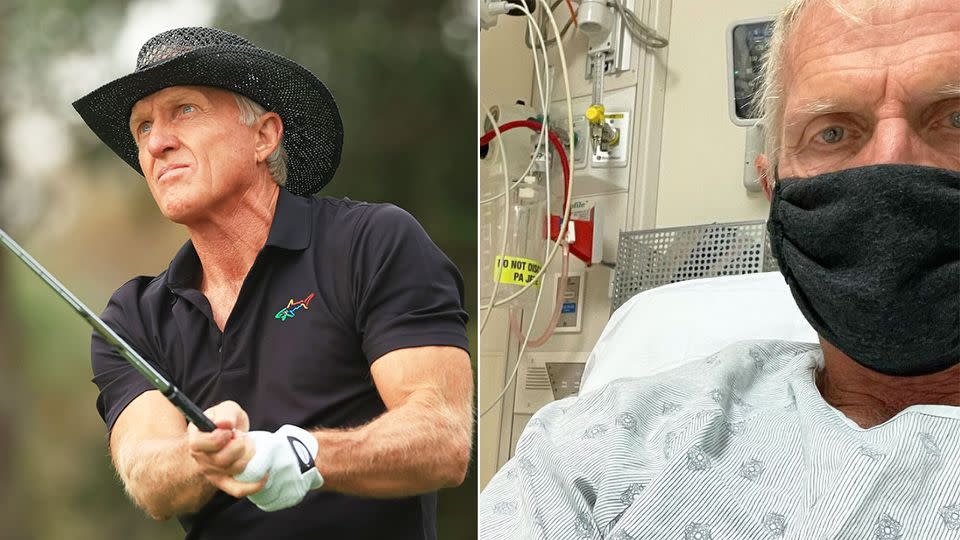 Pictured here, Greg Norman playing golf and in hospital in the shot on the right.