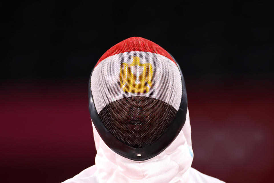 <p>Haydy Morsy of Team Egypt looks on during the Fencing Ranked Round of the Women's Modern Pentathlon on day thirteen of the Tokyo 2020 Olympic Games at Musashino Forest Sport Plaza on August 05, 2021 in Chofu, Japan. (Photo by Leon Neal/Getty Images)</p> 