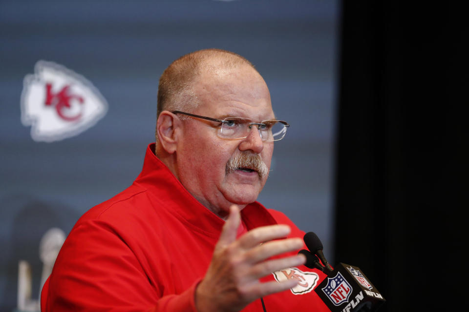 Kansas City Chiefs head coach Andy Reid speaks during a news conference on Thursday, Jan. 30, 2020, in Aventura, Fla., for the NFL Super Bowl 54 football game. (AP Photo/Brynn Anderson)