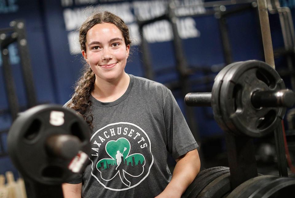 Braintree High sophomore lacrosse player Bella Duffy moonlights as a powerlifter. She has deadlifted 330 pounds. She works out at Atlantic Sports Performance in Hanover on Friday, April 28, 2023.