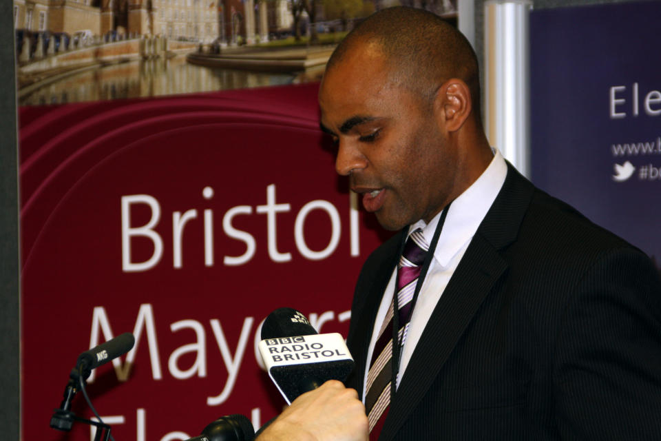 Labour's defeated Bristol Mayor candidate Marvin Rees listens as election winner - Independent George Ferguson - addresses his supporters, after winning the Bristol Mayoral election, at the election count held at the University of the West of England in Bristol.