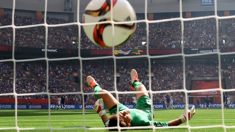 Japan goalkeeper Ayumi Kaihori was helpless as she attempted to save Lloyd's goal from midfield. - Dennis Grombkowski/Getty Images