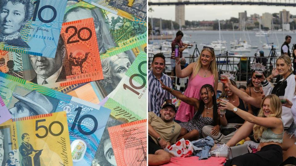 Compilation image of Gen Z group celebrating and pile of cash to represent cost of living