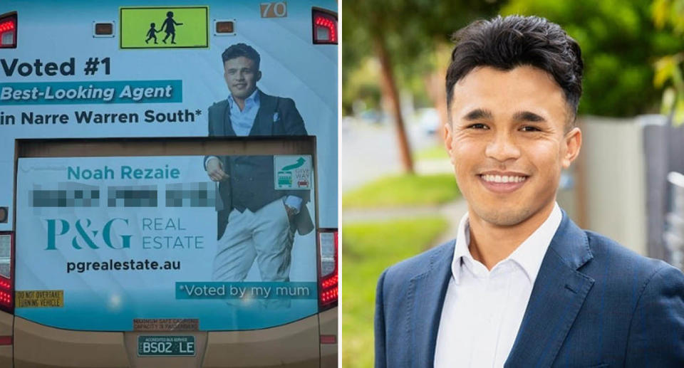 Noah Rezaie of P&G Real Estate on a bus ad which reads: 'Best looking agent in Narre Warren South' 