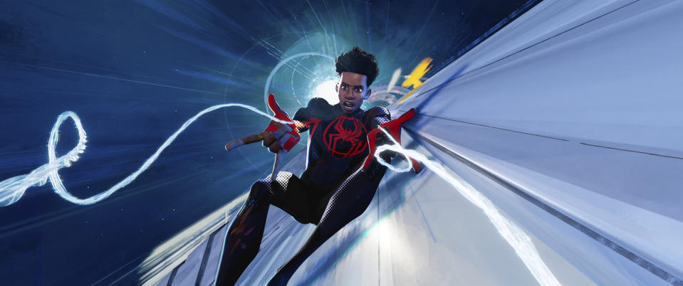 This image released by Sony Pictures Animation shows Miles Morales as Spider-Man, voiced by Shameik Moore, in a scene from Columbia Pictures and Sony Pictures Animation's "Spider-Man: Across the Spider-Verse." (Sony Pictures Animation via AP)