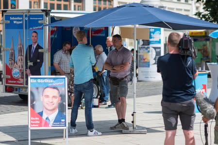 Sebastian Wippel of Alternative for Germany (AfD) during local elections campaign on the Marienplatz in Goerlitz